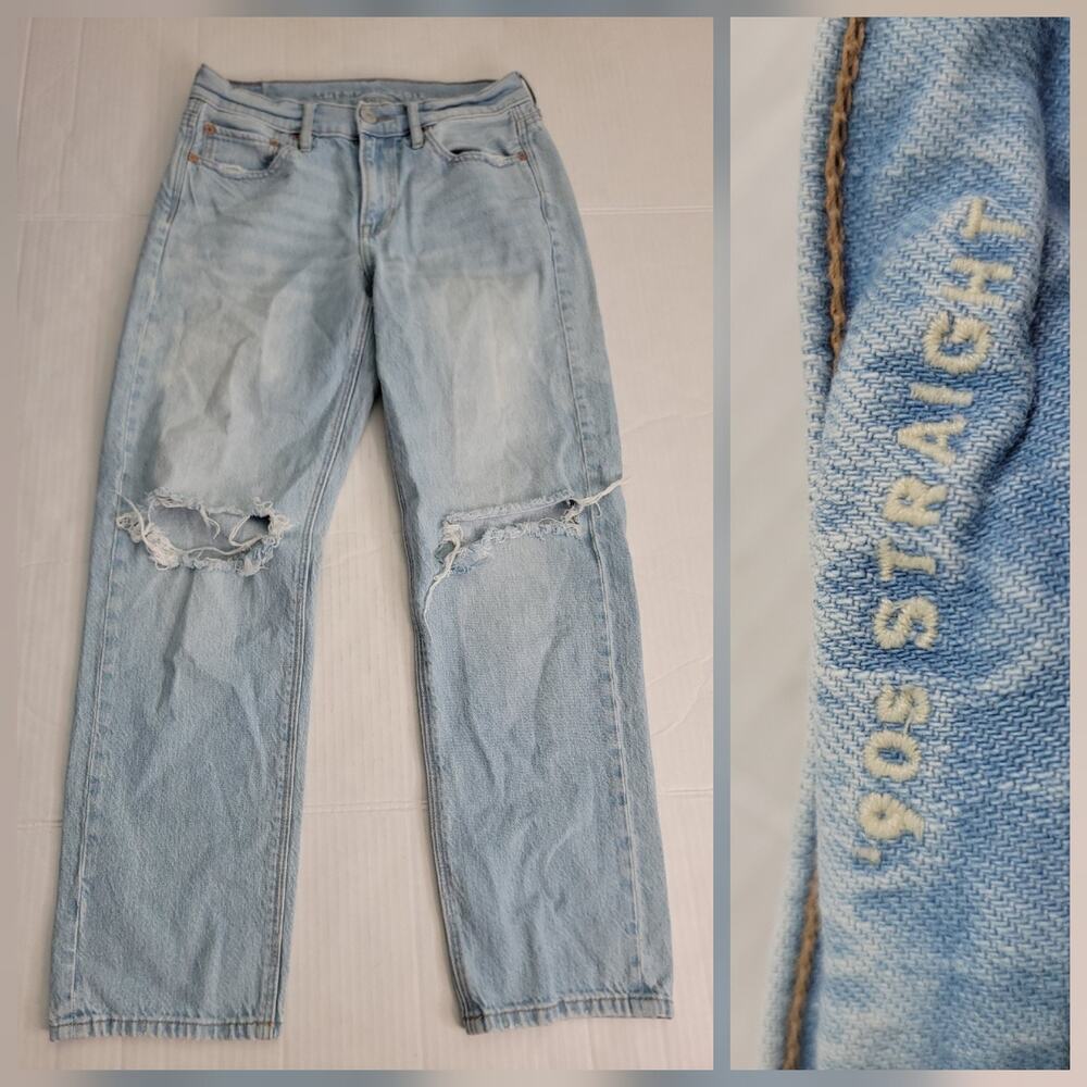AMERICAN EAGLE Jeans SZ 4 Short Womens 90's Straight High Rise Distressed